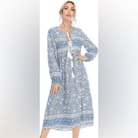 R. Vivimos Blue & White Floral Boho Print Long  Sleeve V Neck with Tassels Dress - Picture 1 of 12